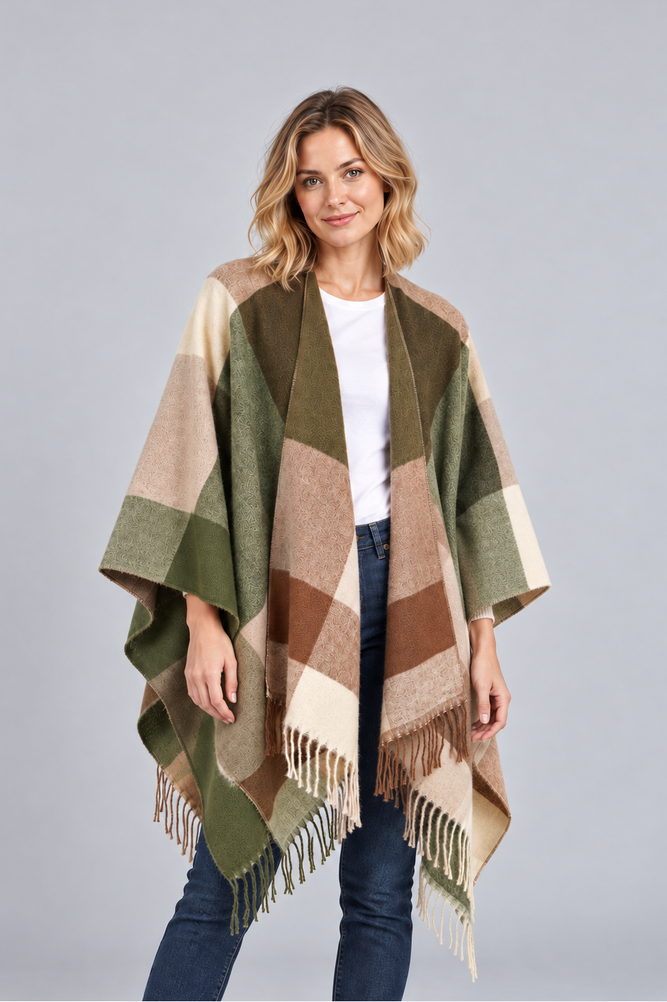 Women's Colour Block Blanket Poncho – Fringed Wrap Cape