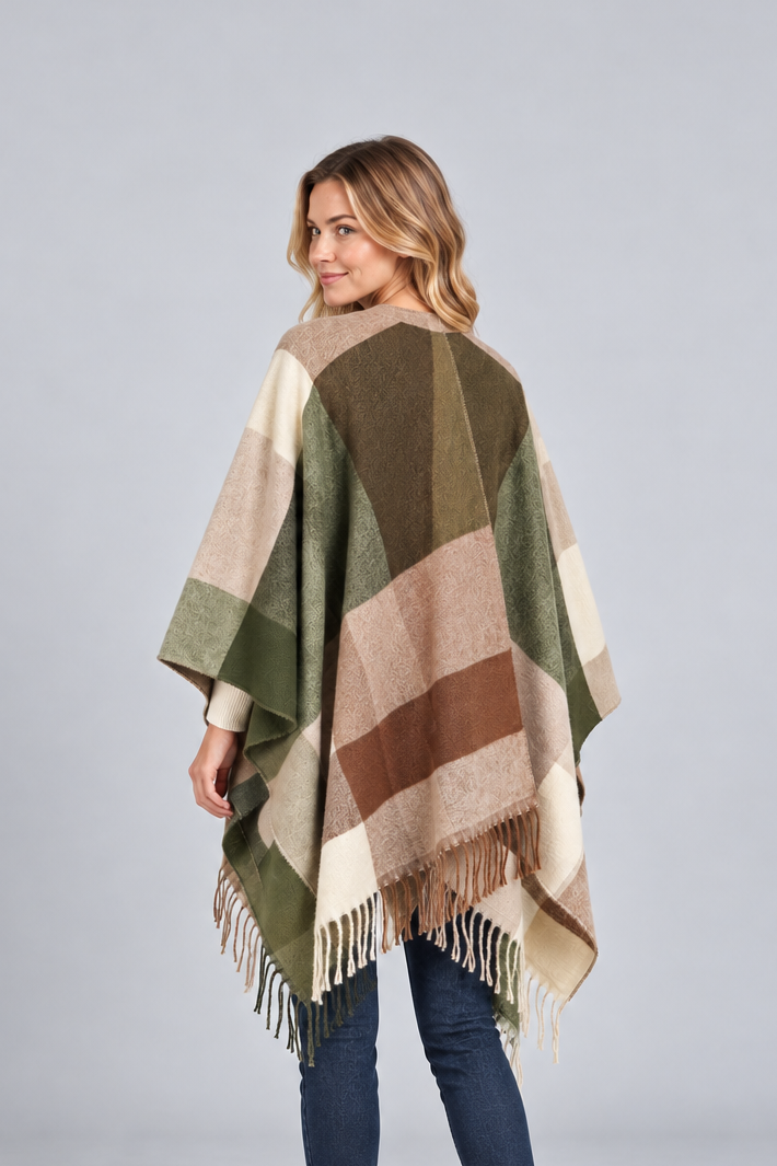 Women's Colour Block Blanket Poncho – Fringed Wrap Cape
