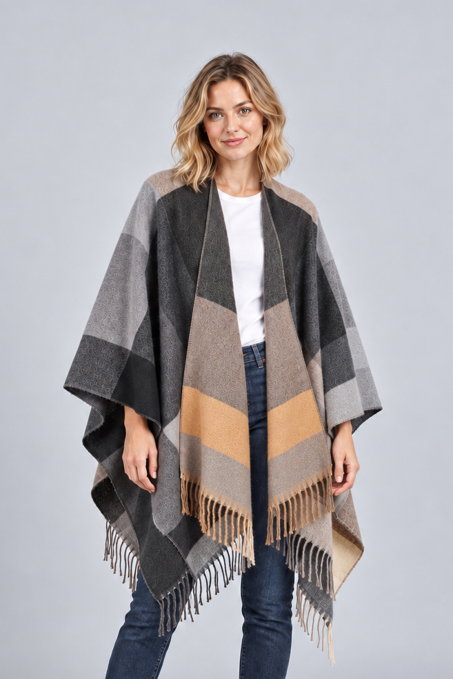 Women's Colour Block Blanket Poncho – Fringed Wrap Cape
