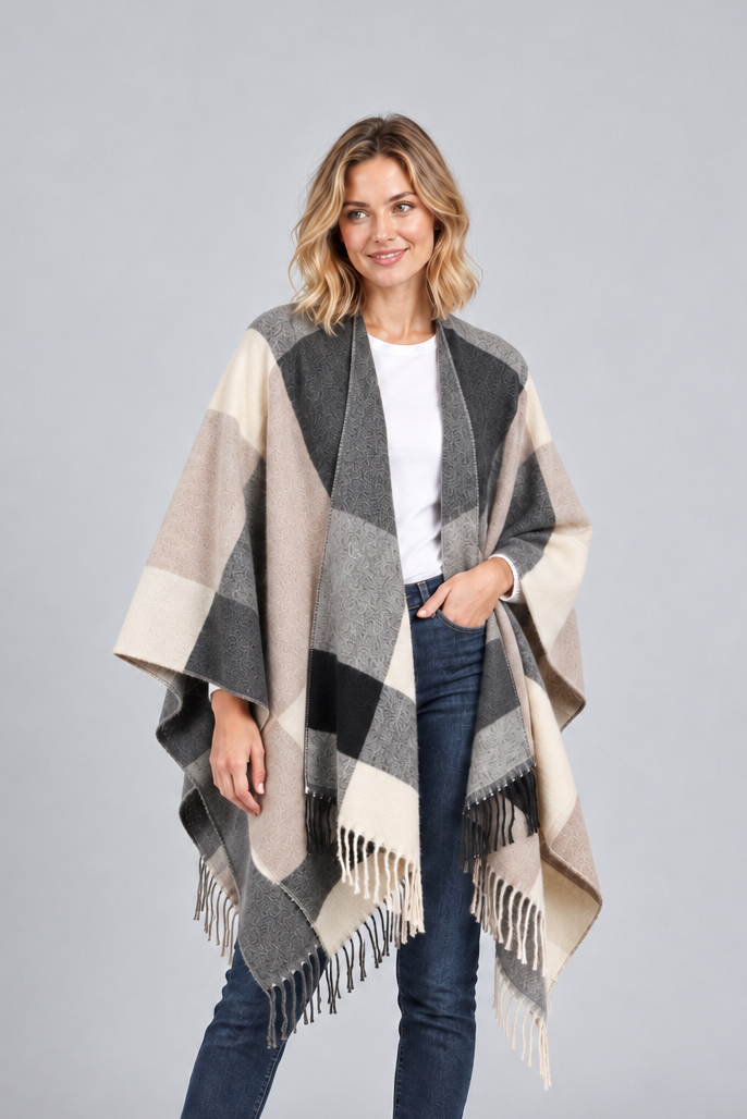 Women's Colour Block Blanket Poncho – Fringed Wrap Cape