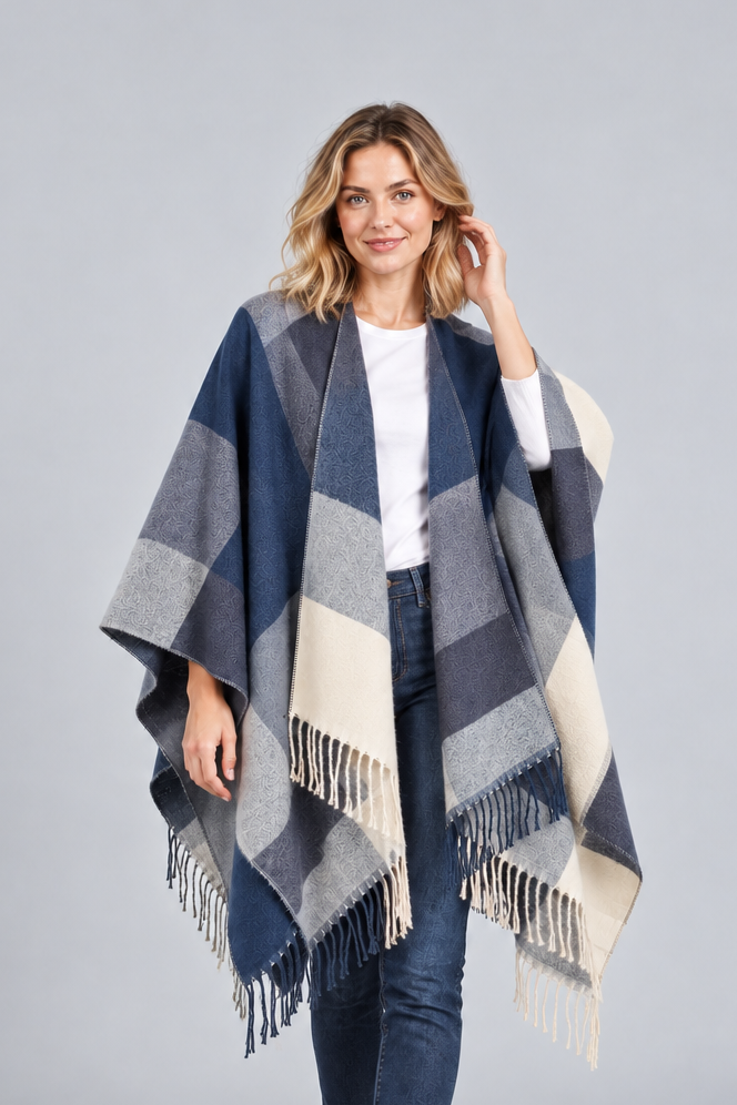 Women's Colour Block Blanket Poncho – Fringed Wrap Cape