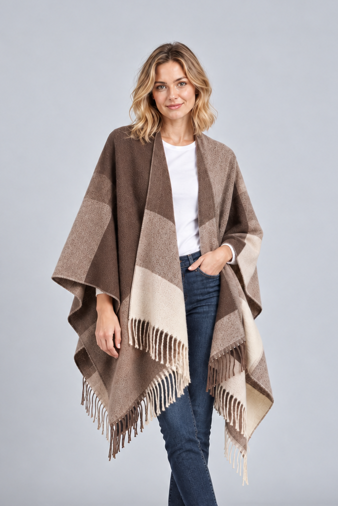 Women's Colour Block Blanket Poncho – Fringed Wrap Cape