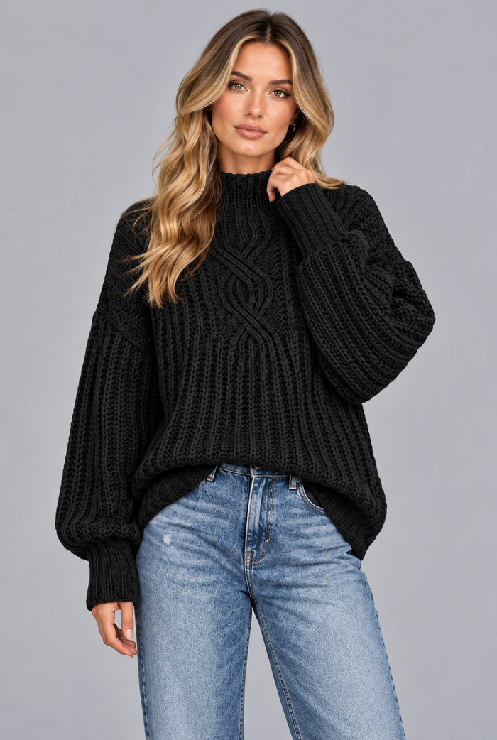 Women's Chunky Cable Knit Jumper – Mock Neck Balloon Sleeve