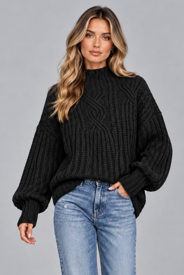 Women's Chunky Cable Knit Jumper – Mock Neck Balloon Sleeve