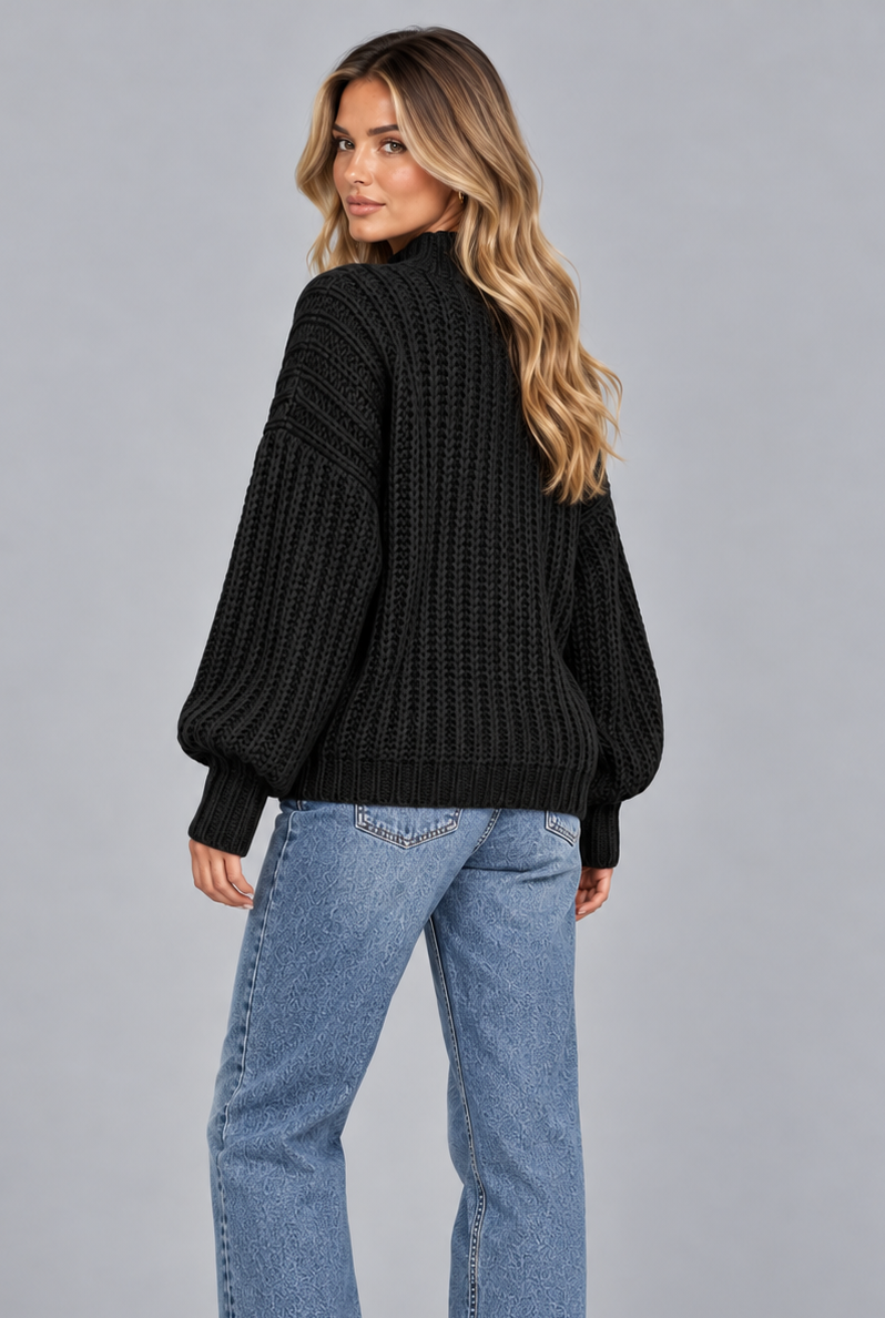 Women's Chunky Cable Knit Jumper – Mock Neck Balloon Sleeve