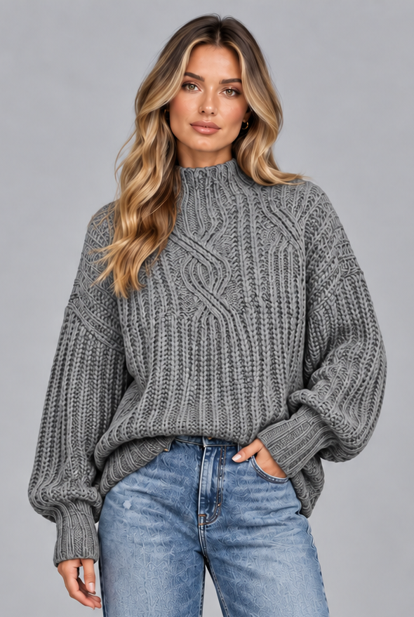 Women's Chunky Cable Knit Jumper – Mock Neck Balloon Sleeve