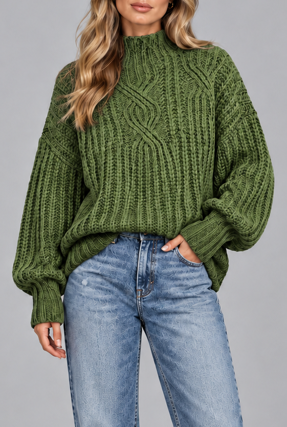 Women's Chunky Cable Knit Jumper – Mock Neck Balloon Sleeve