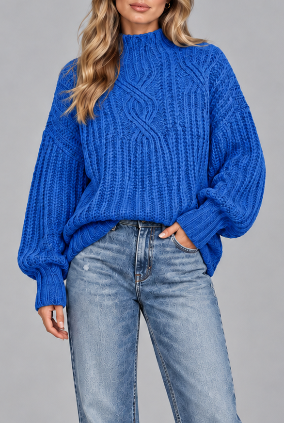 Women's Chunky Cable Knit Jumper – Mock Neck Balloon Sleeve