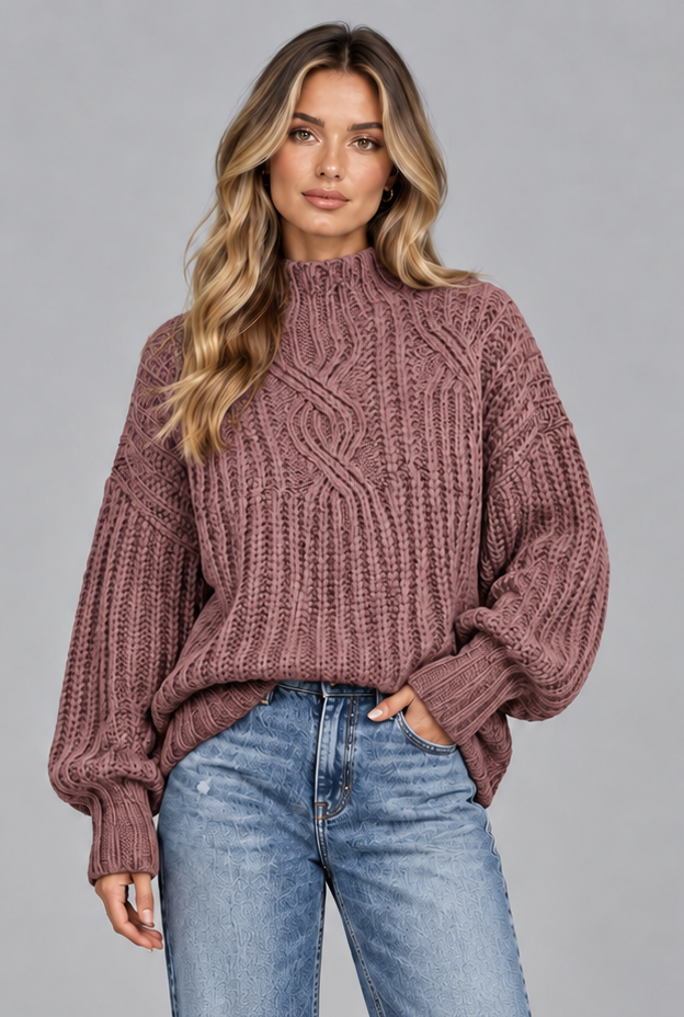 Women's Chunky Cable Knit Jumper – Mock Neck Balloon Sleeve