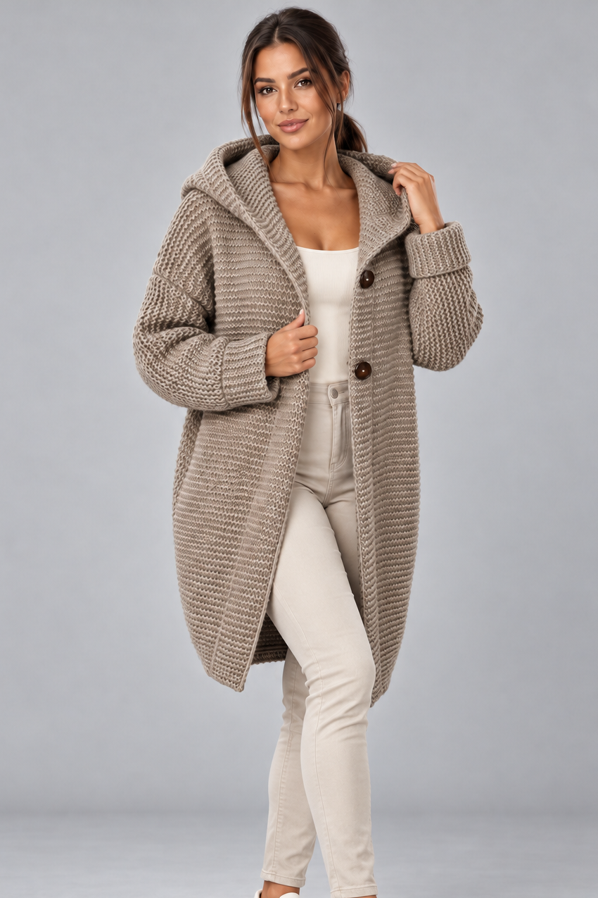 Women's Long Hooded Cardigan – Button Front Knit