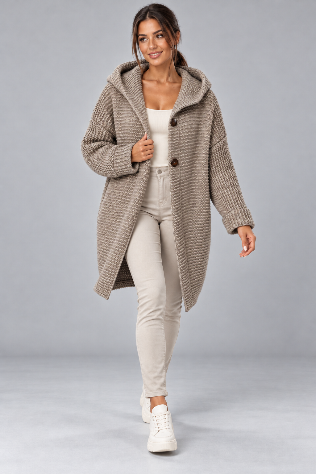 Women's Long Hooded Cardigan – Button Front Knit
