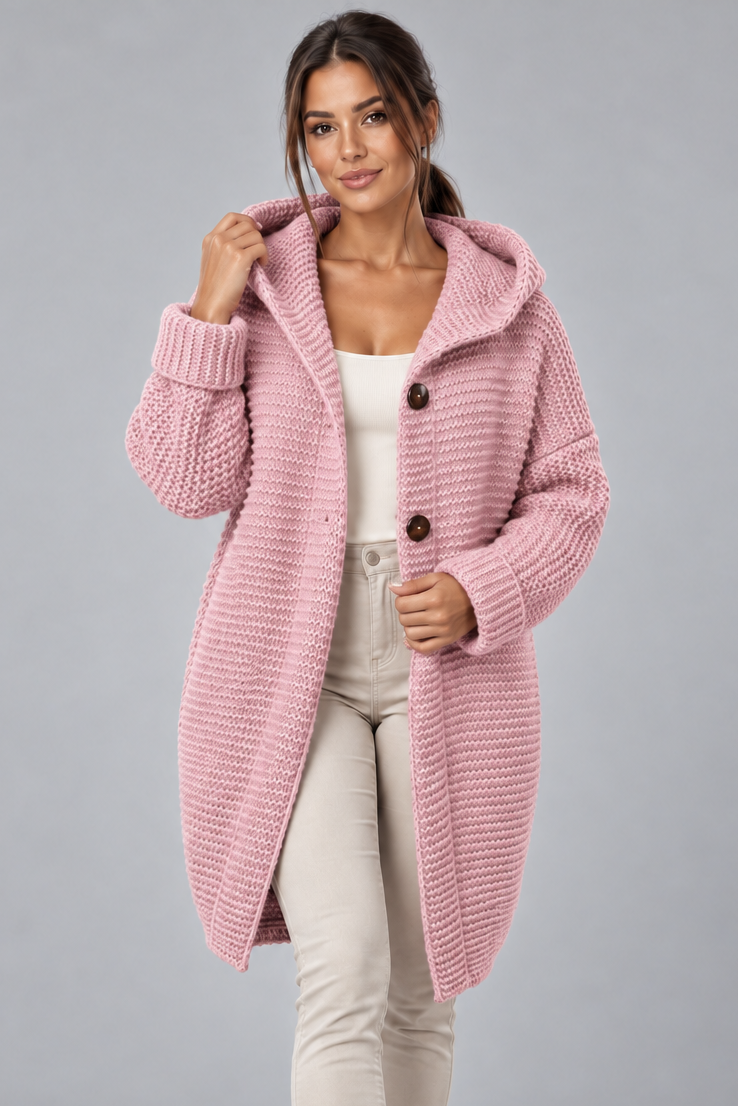 Women's Long Hooded Cardigan – Button Front Knit