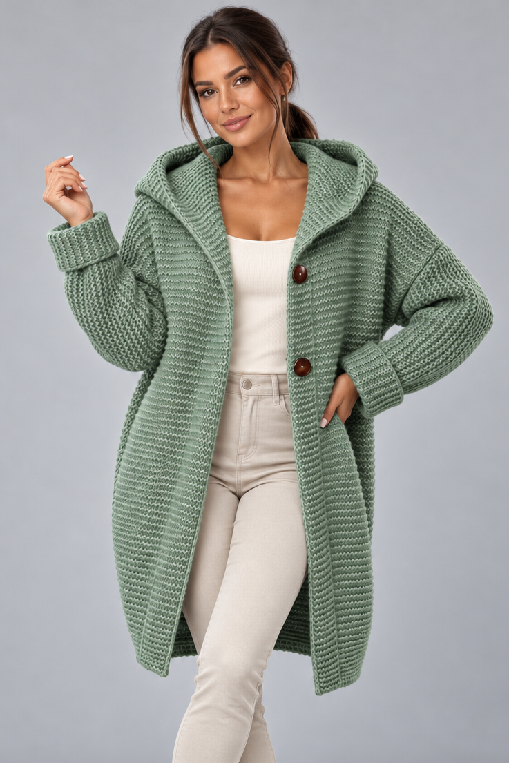 Women's Long Hooded Cardigan – Button Front Knit