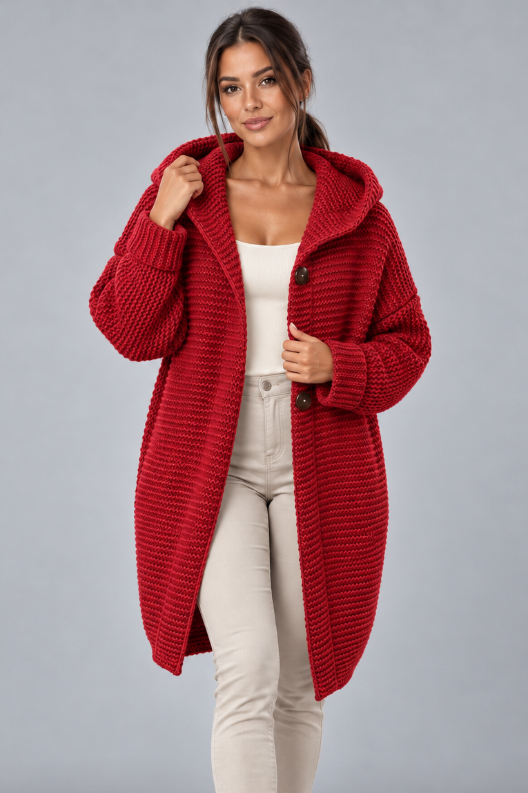 Women's Long Hooded Cardigan – Button Front Knit