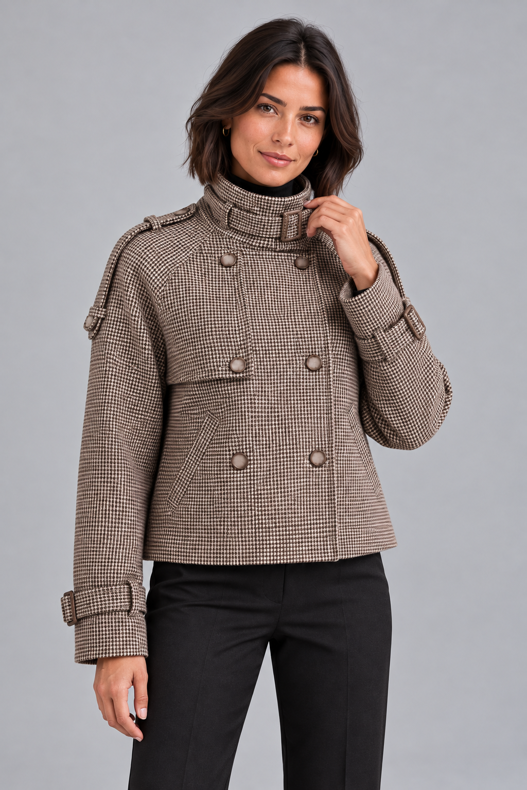 Women's Houndstooth Check Coat – High Neck Button Front