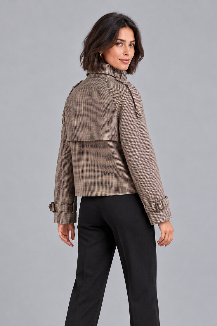 Women's Houndstooth Check Coat – High Neck Button Front