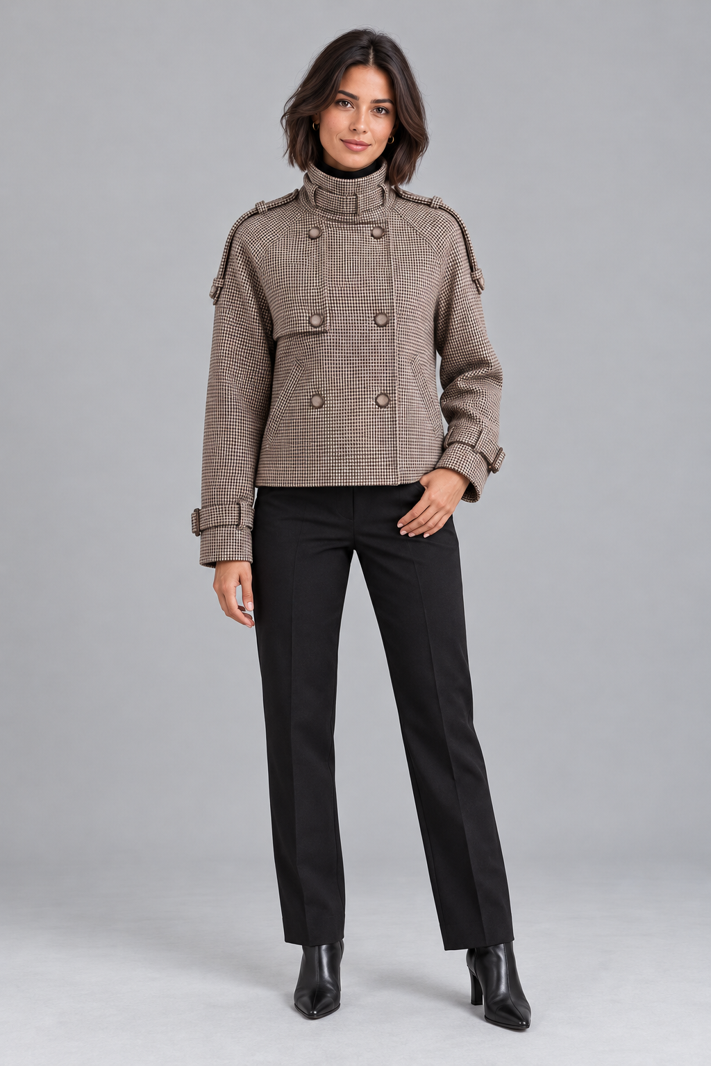 Women's Houndstooth Check Coat – High Neck Button Front
