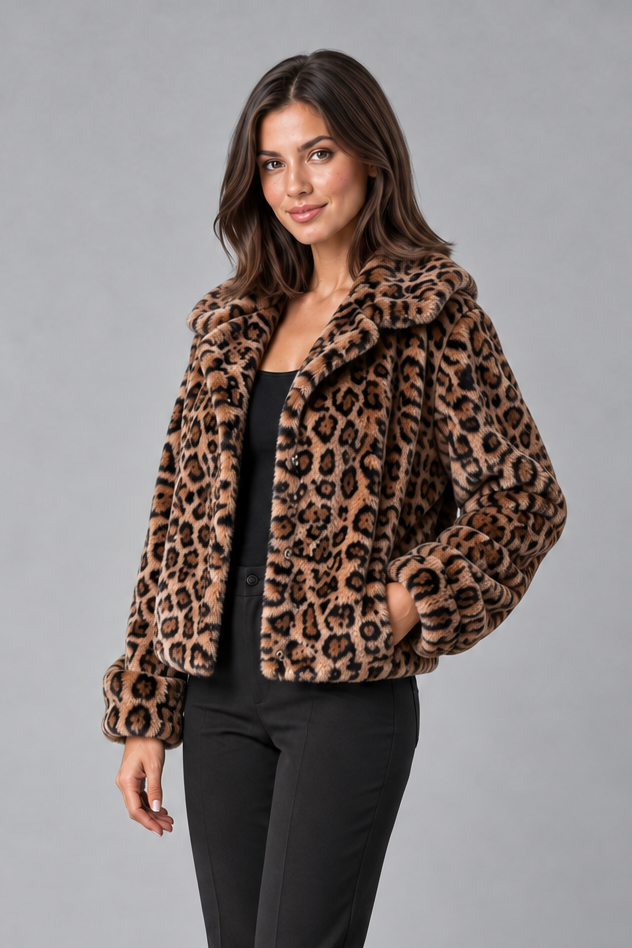 Women's Leopard Print Faux Fur Jacket – Cropped Coat