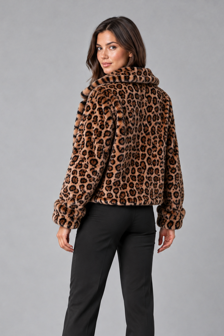 Women's Leopard Print Faux Fur Jacket – Cropped Coat