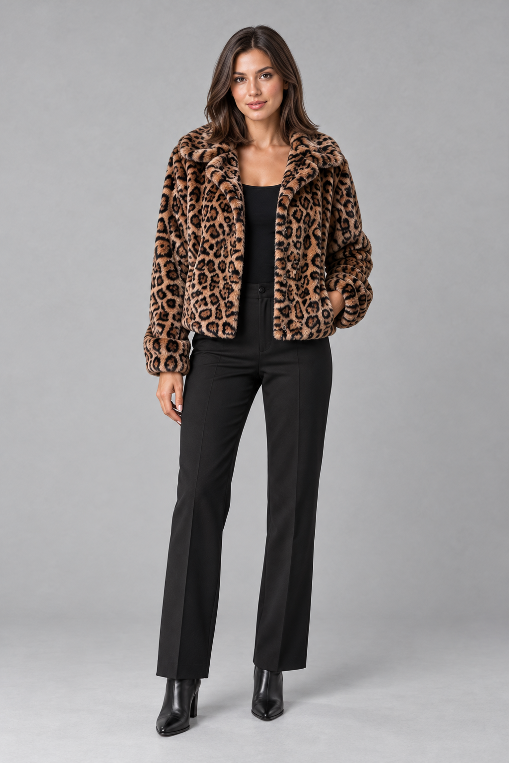 Women's Leopard Print Faux Fur Jacket – Cropped Coat