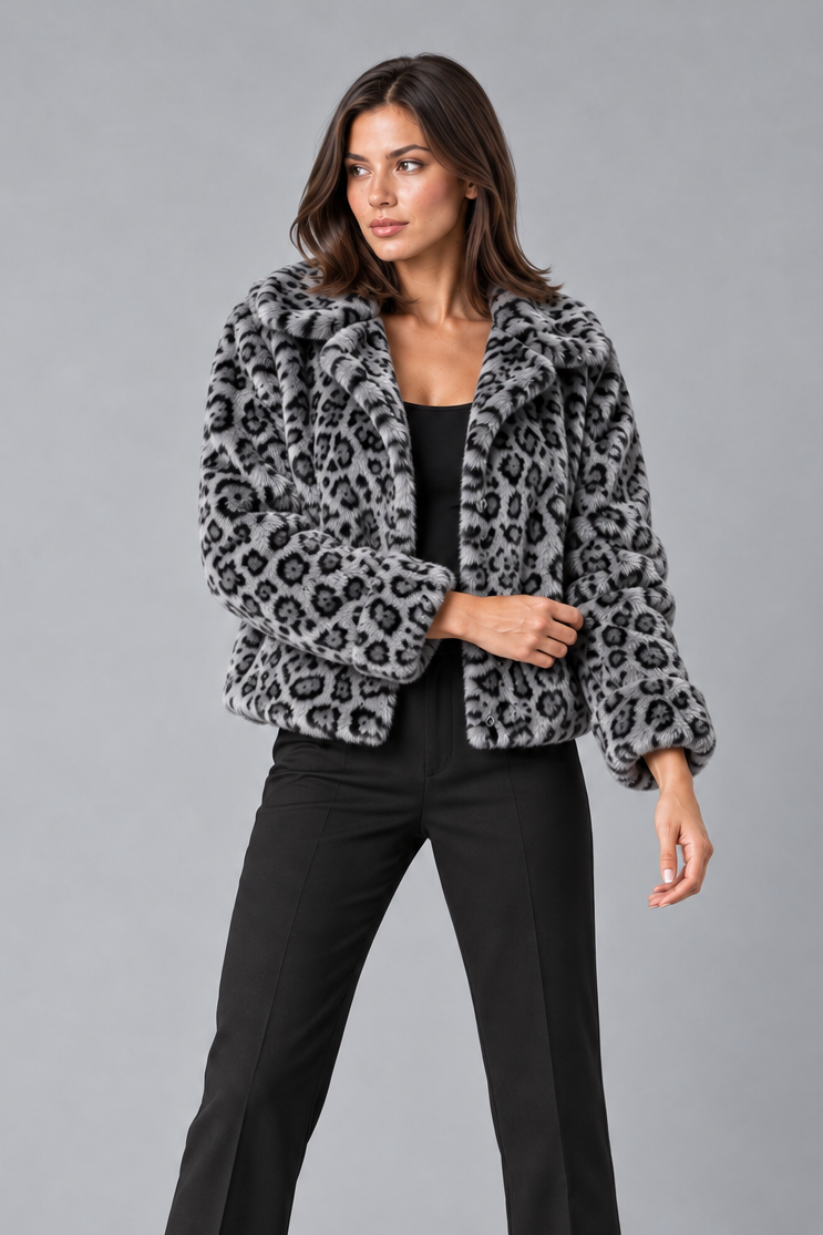 Women's Leopard Print Faux Fur Jacket – Cropped Coat