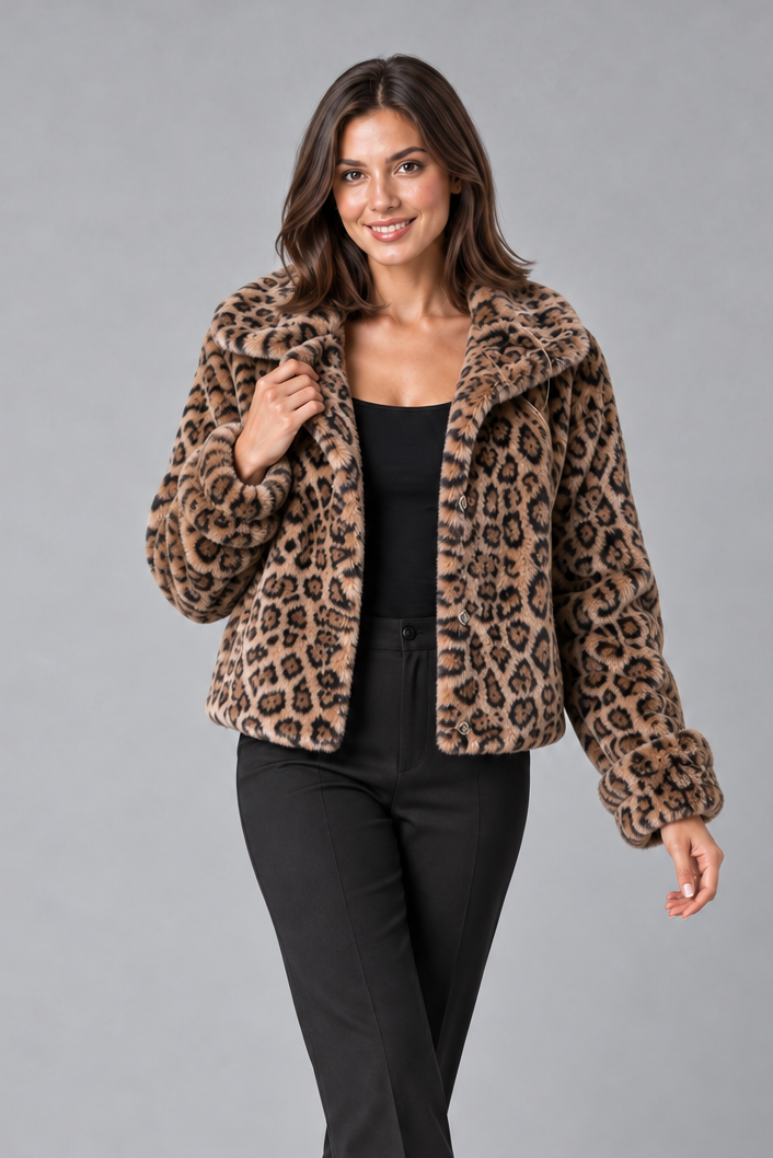 Women's Leopard Print Faux Fur Jacket – Cropped Coat