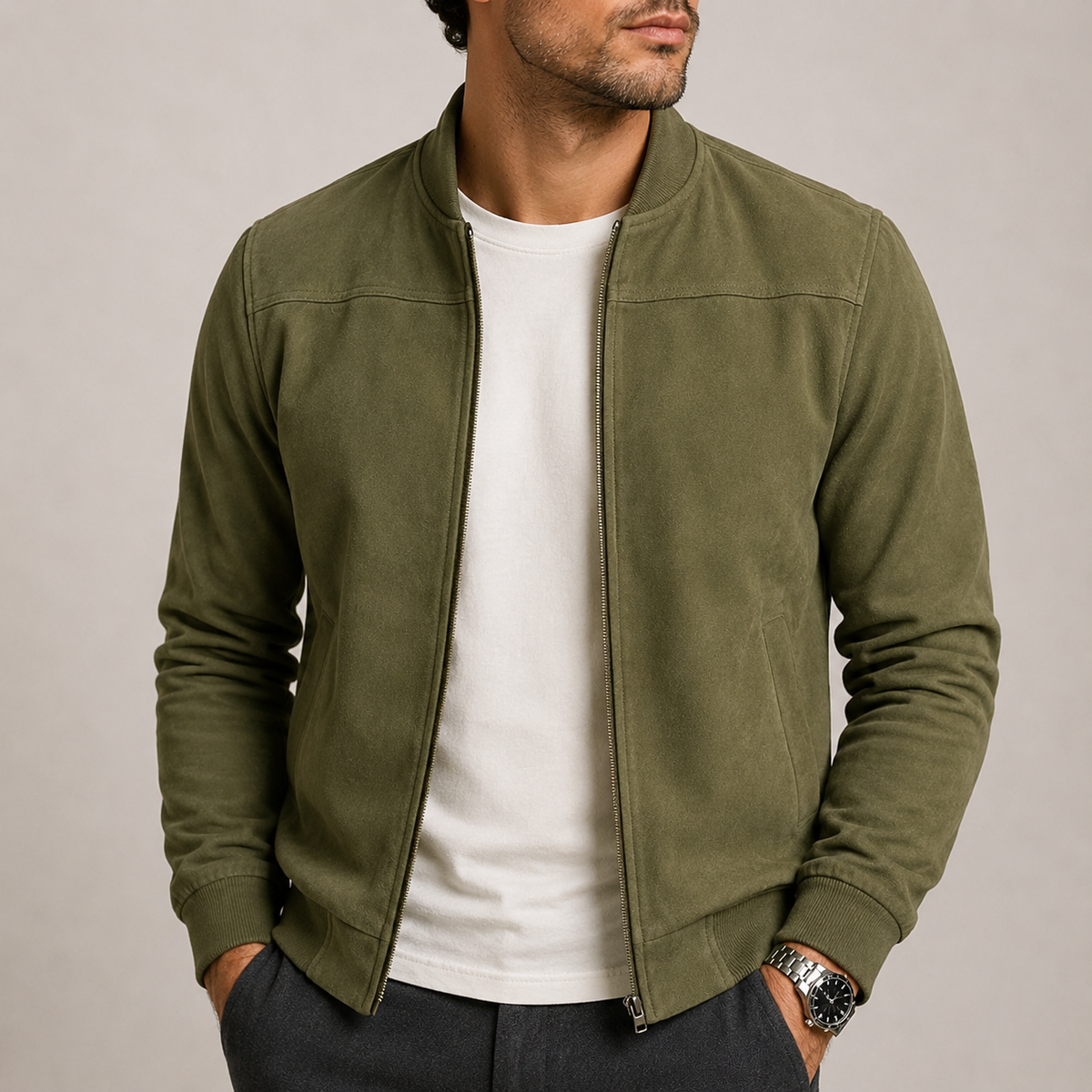 Men's Faux Suede Bomber Jacket in Green