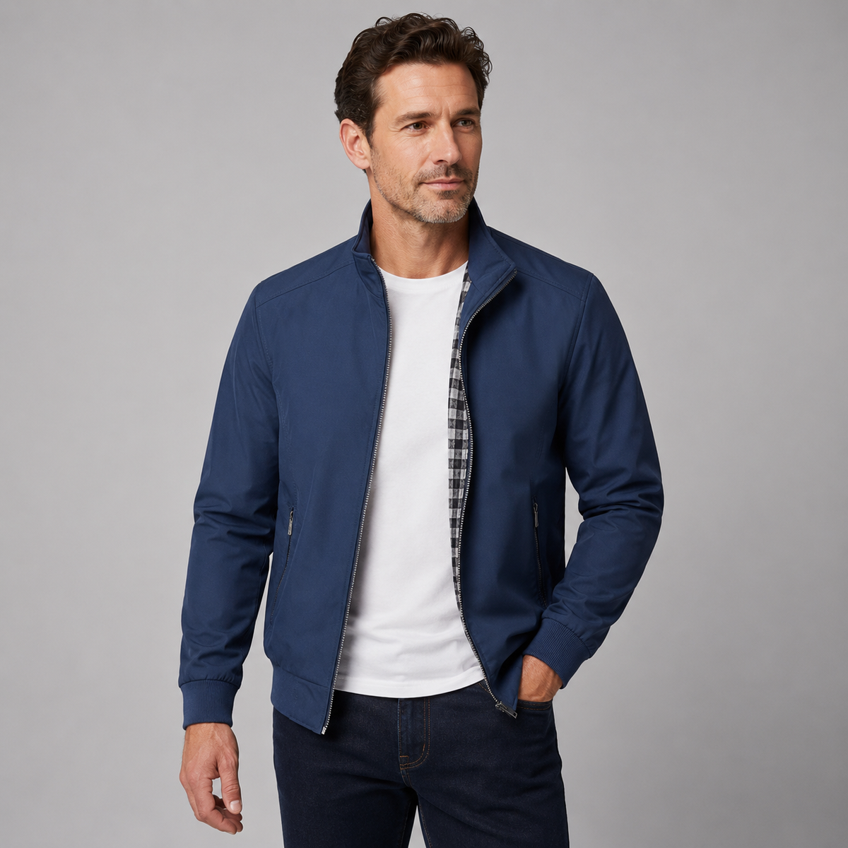 Men's Slim Fit Check Lined Bomber Jacket in Blue