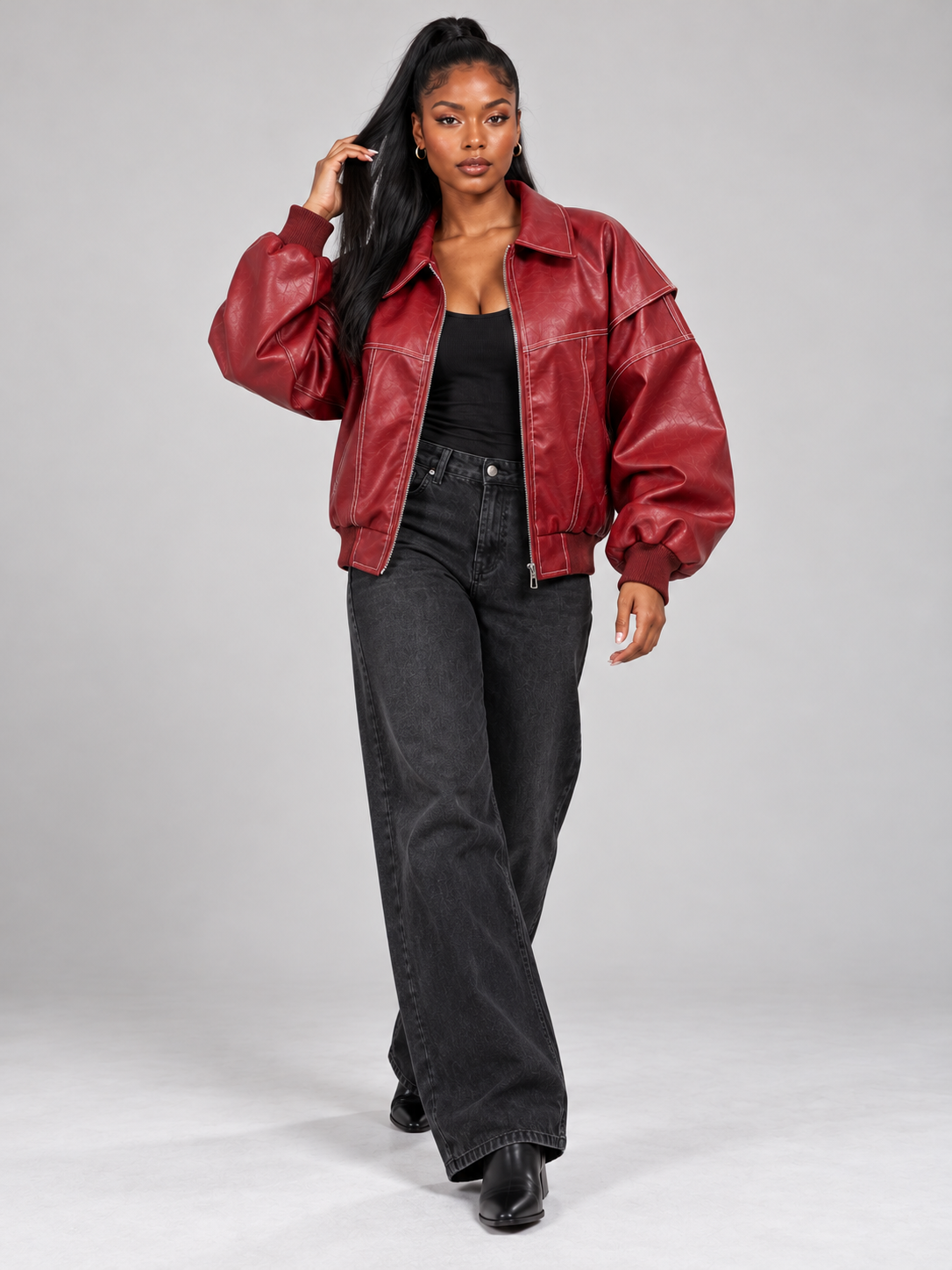 Women's Oversized Leather Look Bomber – Zip Up Jacket