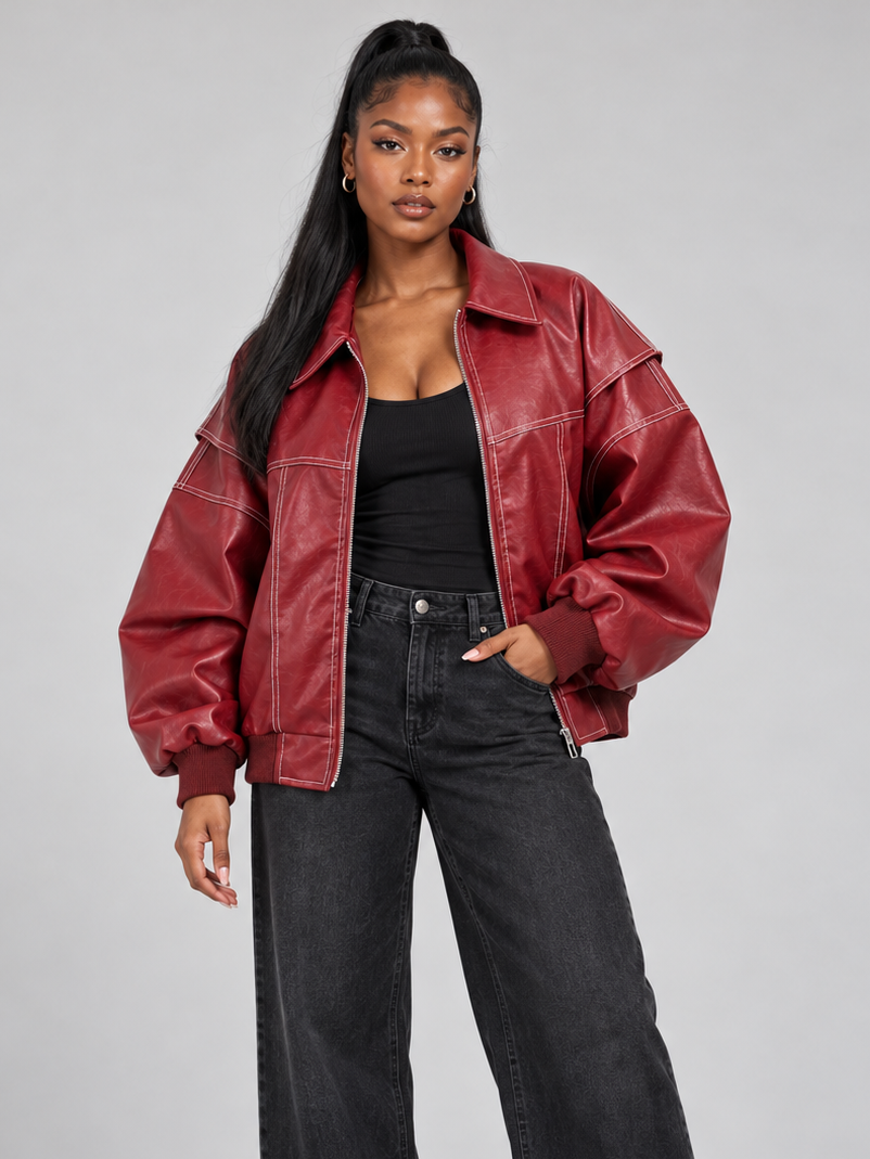 Women's Oversized Leather Look Bomber – Zip Up Jacket