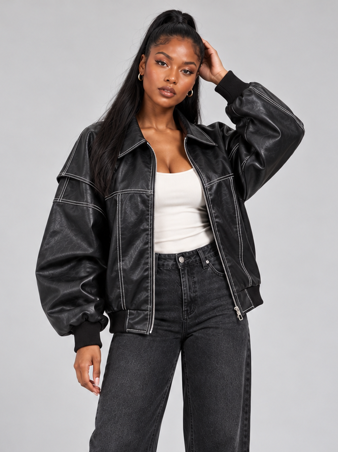 Women's Oversized Leather Look Bomber – Zip Up Jacket