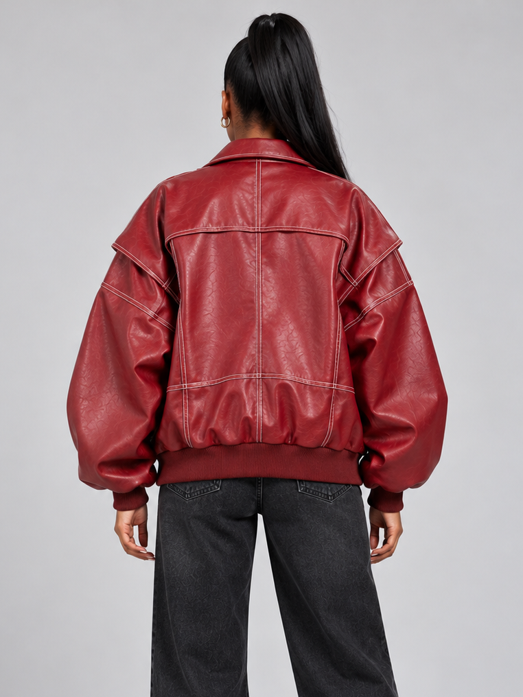 Women's Oversized Leather Look Bomber – Zip Up Jacket