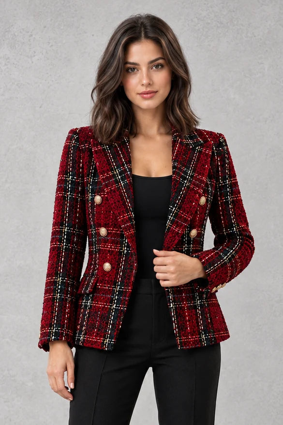 Women's Checked Tweed Blazer – Double Breasted Jacket