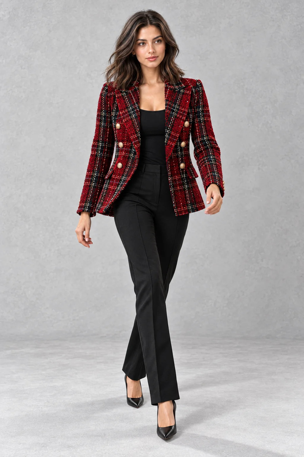 Women's Checked Tweed Blazer – Double Breasted Jacket