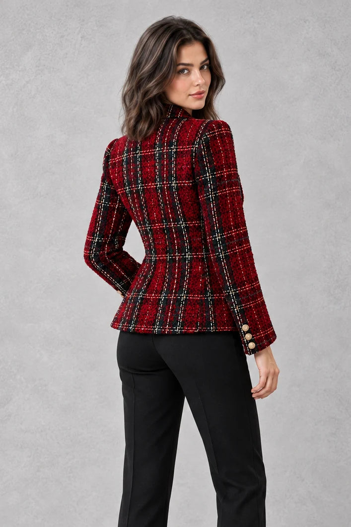 Women's Checked Tweed Blazer – Double Breasted Jacket