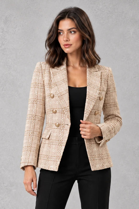 Women's Checked Tweed Blazer – Double Breasted Jacket