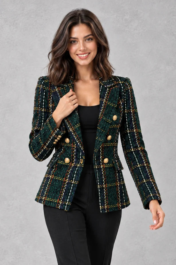 Women's Checked Tweed Blazer – Double Breasted Jacket