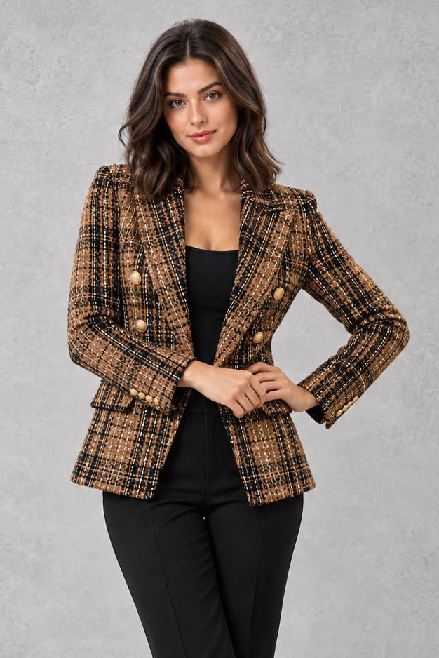 Women's Checked Tweed Blazer – Double Breasted Jacket