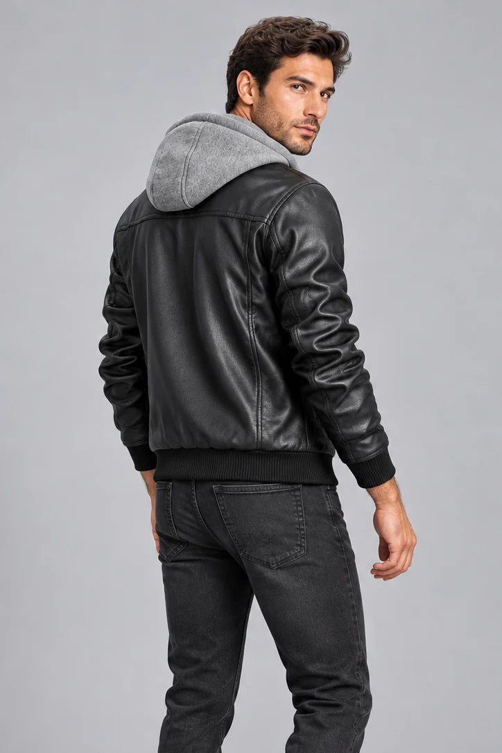 Men's Hooded Faux Leather Bomber Jacket – Zip Pockets