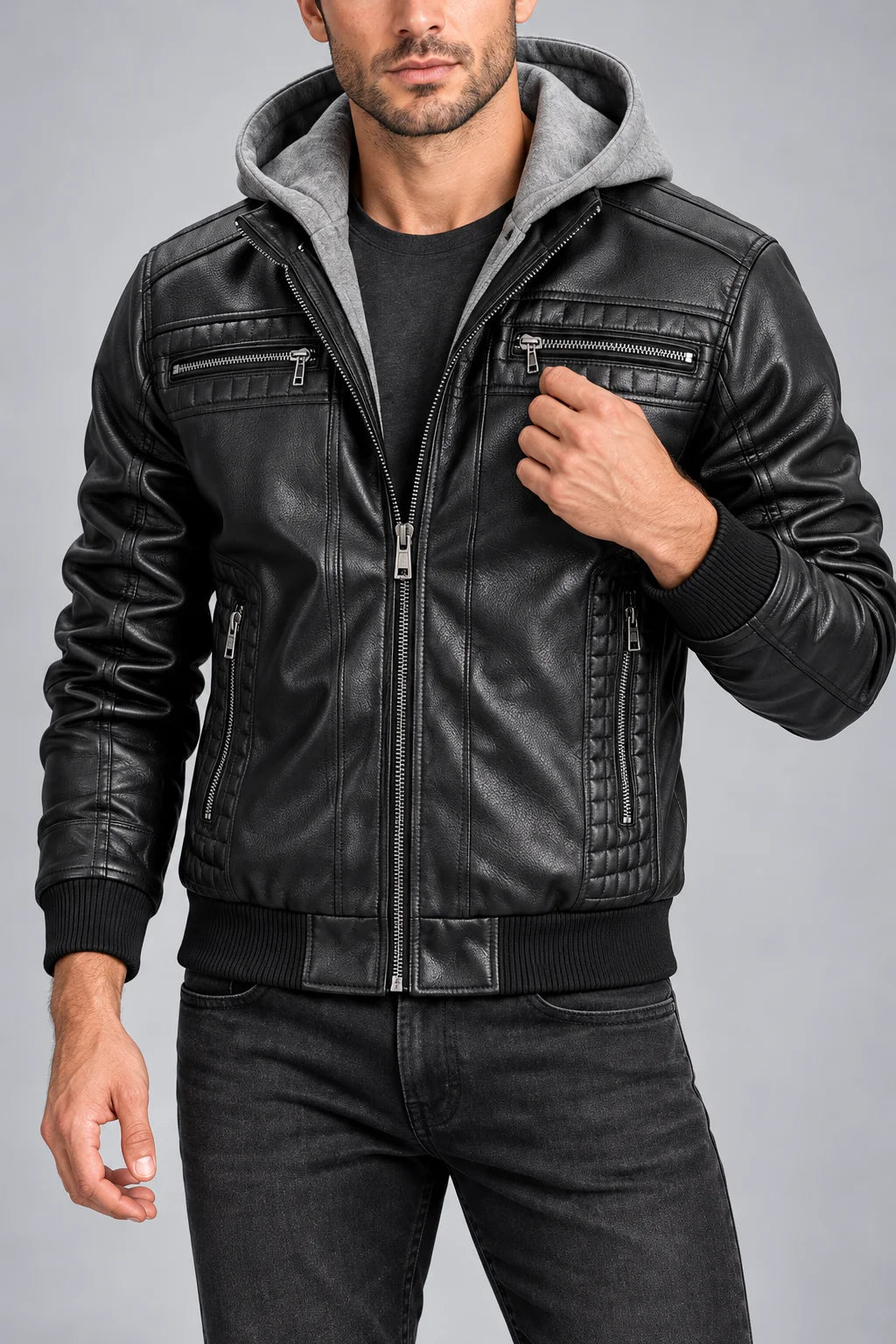 Men's Hooded Faux Leather Bomber Jacket – Zip Pockets