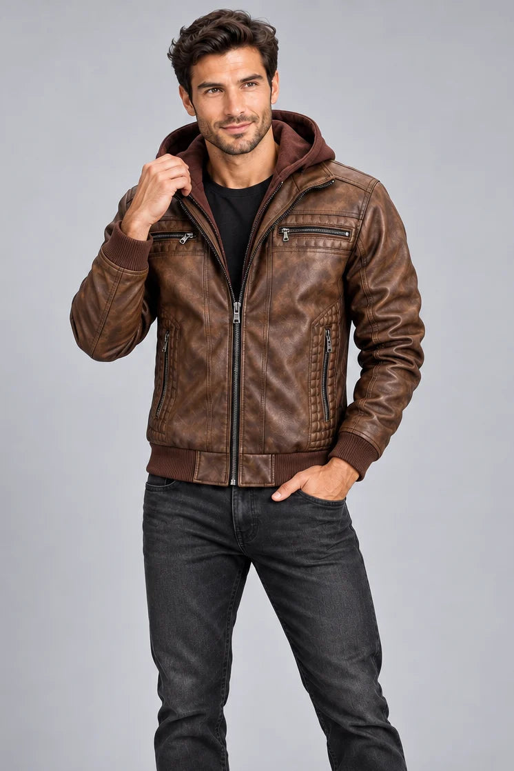 Men's Hooded Faux Leather Bomber Jacket – Zip Pockets