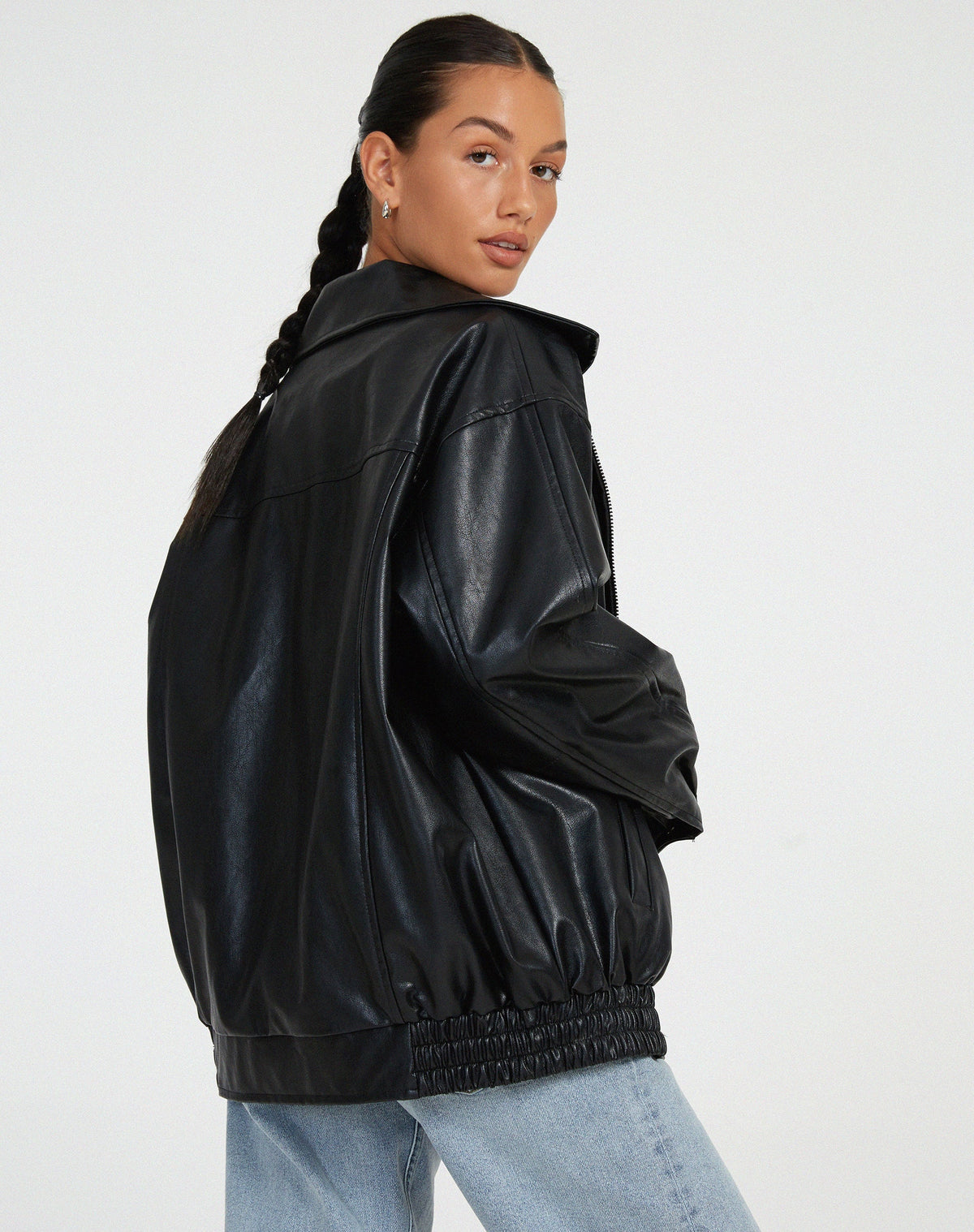 Women's Oversized Faux Leather Bomber Jacket in Black – image 4