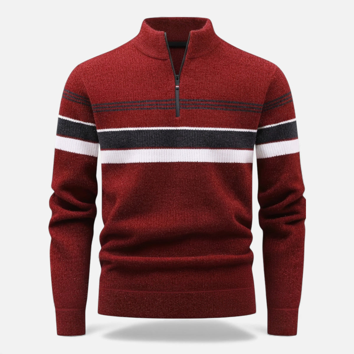 Men's Thick Striped Half Zip Jumper in Burgundy
