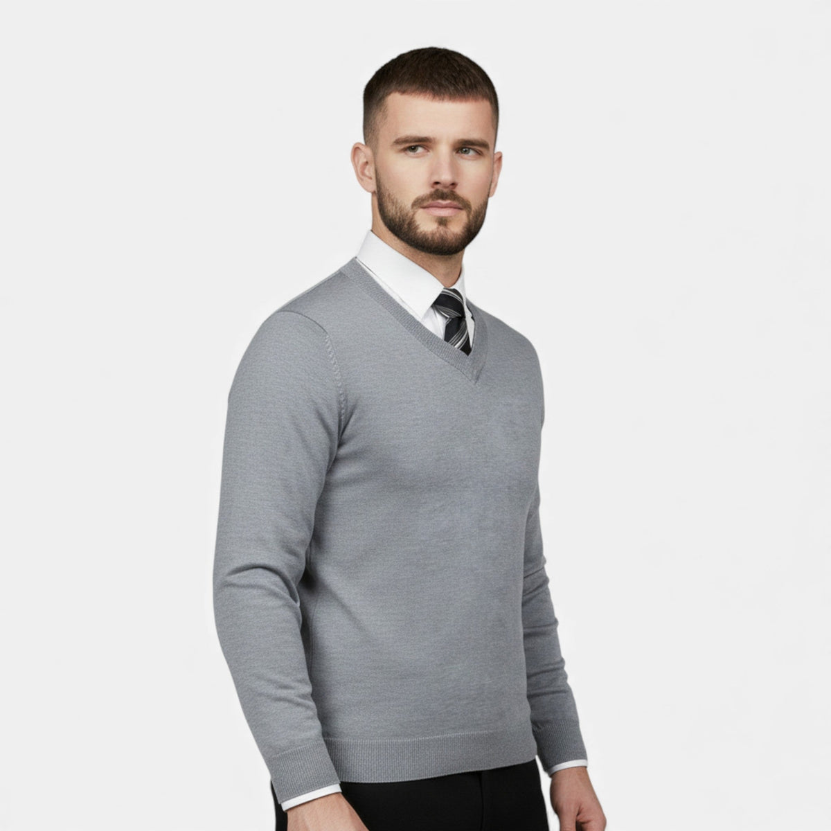 Men's V-Neck Knit Jumper in Grey