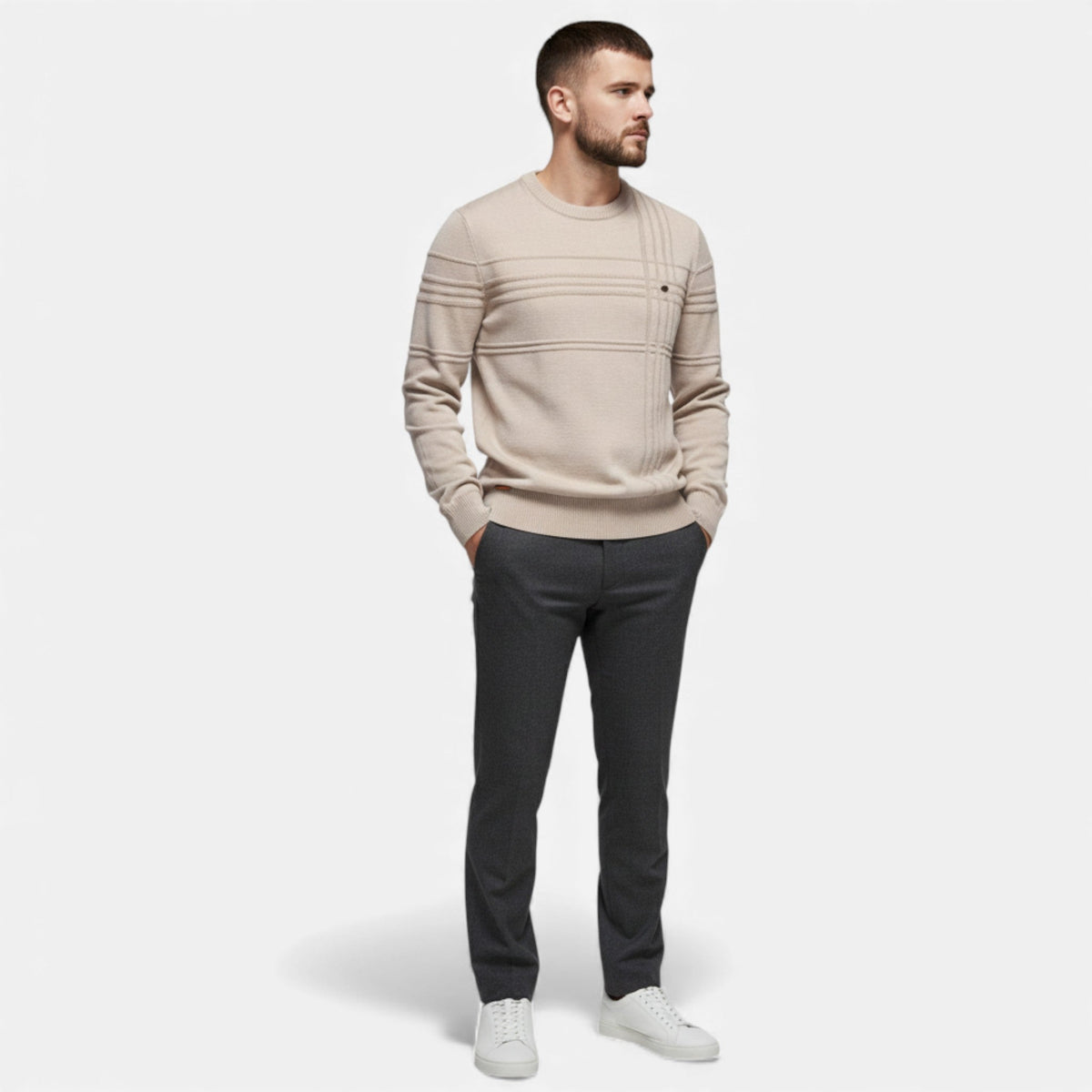 Men's Slim Fit Textured Knit Jumper in Beige