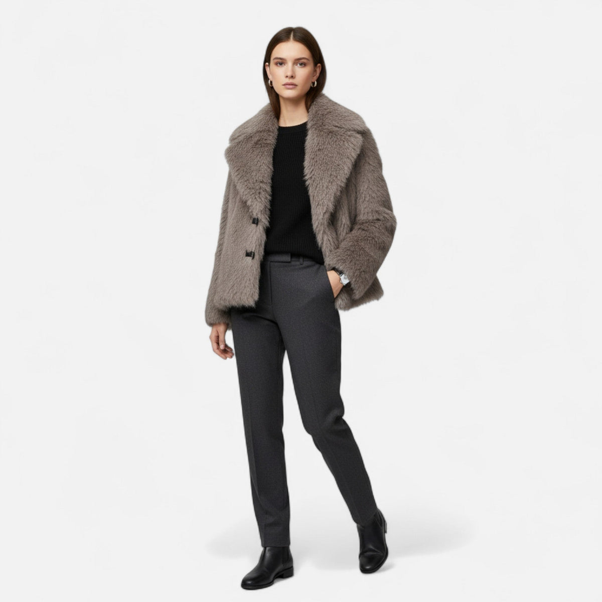 Women's Brown Faux Fur Coat in Coffee – image 2
