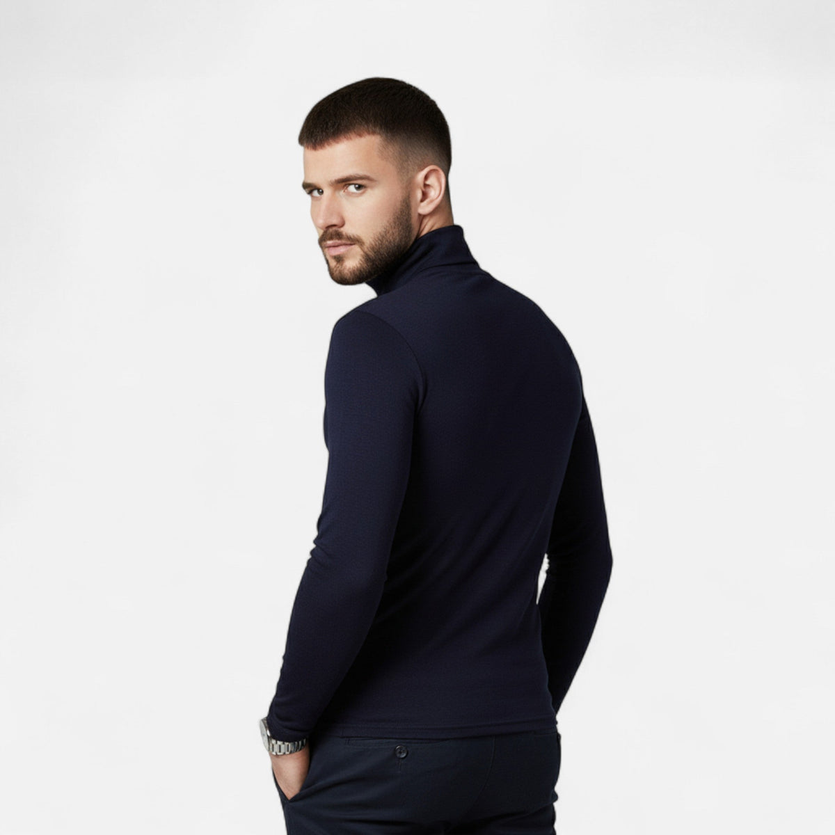 Men's Slim Fit Roll Neck Jumper in Navy – image 3