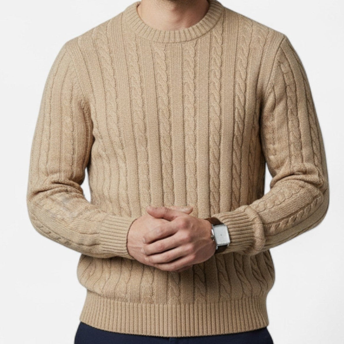 Men's Cotton Blend Crew Neck Jumper in Khaki