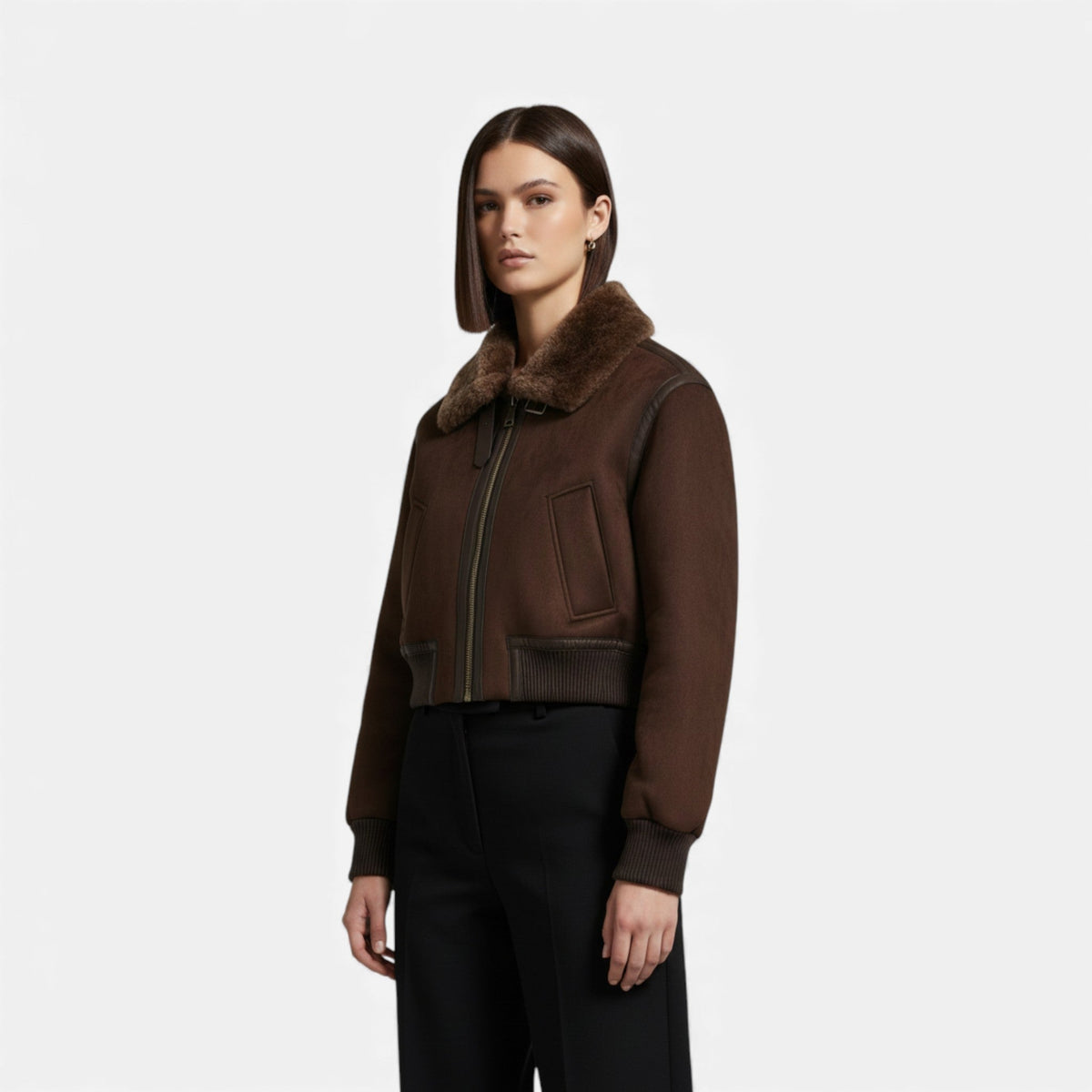 Women's Brown Bomber Jacket with Faux Fur Collar – image 2