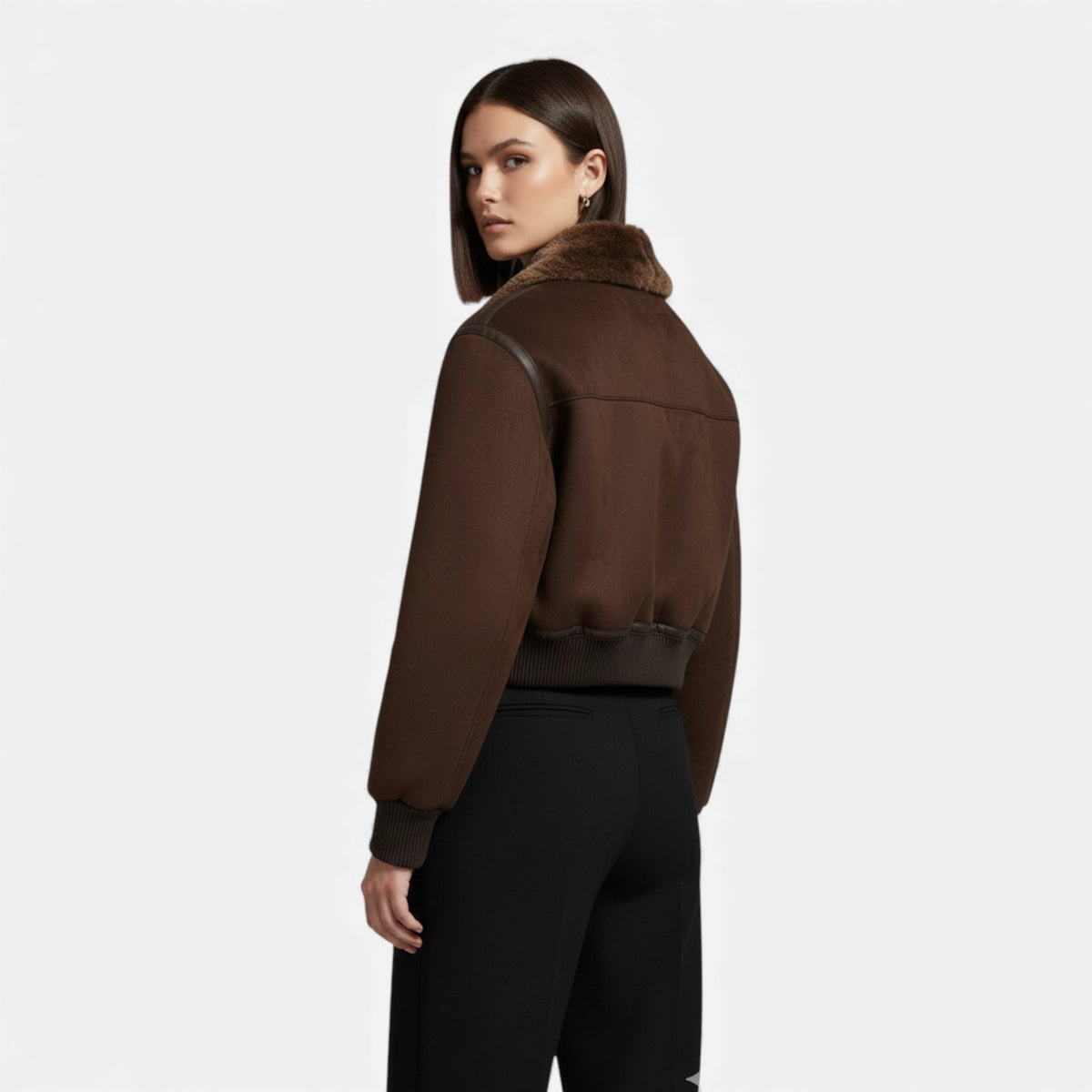 Women's Brown Bomber Jacket with Faux Fur Collar – image 7
